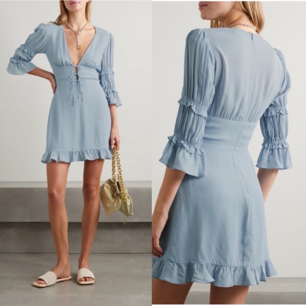 Reformation New Laurelei Ruffled Lace-up Mini Dress In Light Blue Mineral 8 nwt